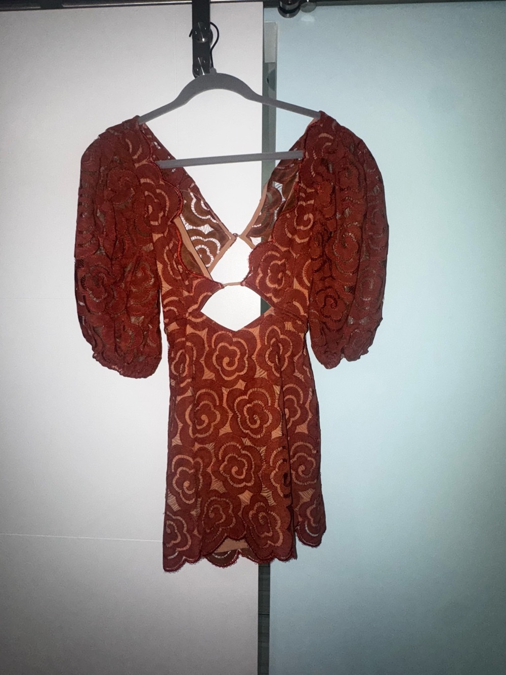 For Love & Lemons Rust Floral Lace Puff-Sleeve Tunic